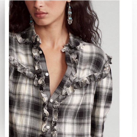 EUC Women's RALPH LAUREN Ruffle-Trimmed Plaid Shirt | Size M - Picture 4 of 11